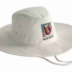 A white Poly Cotton Slouch Hat featuring a logo on the front and a chin strap for added security.