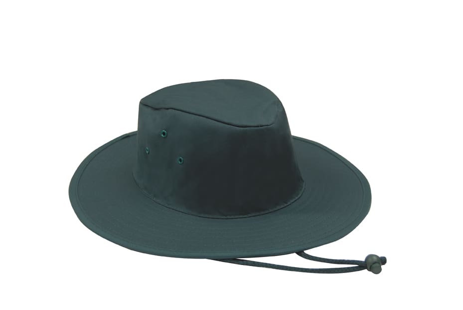 A green poly cotton slouch hat featuring ventilation holes and a drawstring for adjustment.