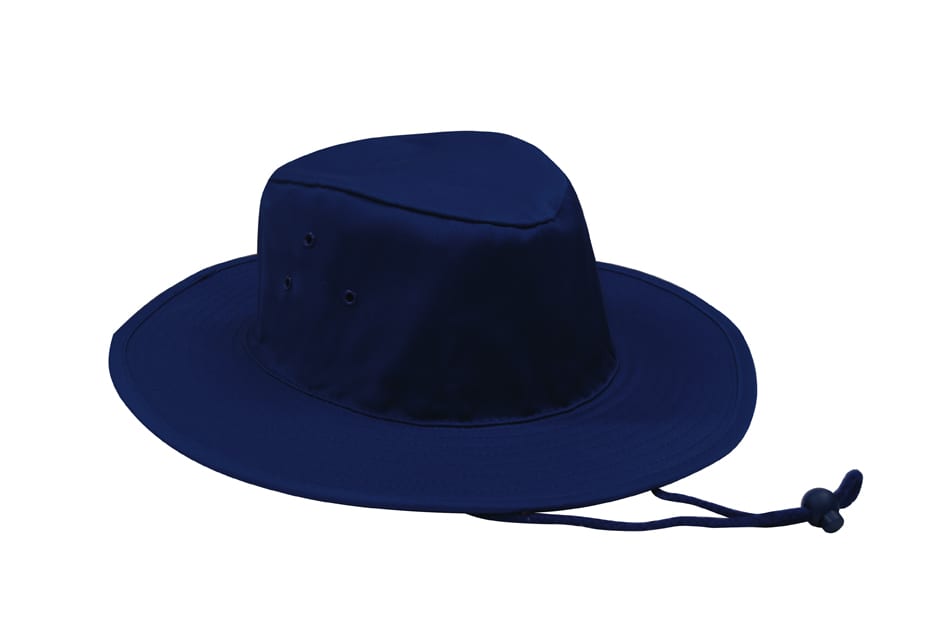 A navy poly cotton slouch hat with an adjustable chin strap and ventilation eyelets. It has a simple design and branding.