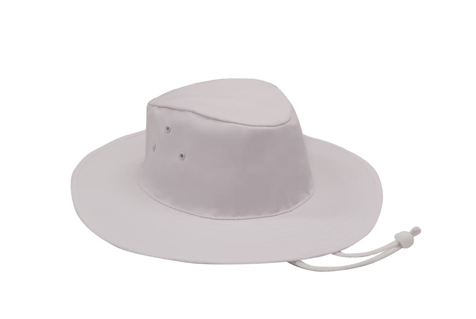 A white Poly Cotton Slouch Hat with a wide brim and adjustable drawstring, featuring ventilation holes.