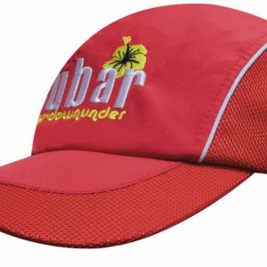 A red woven fabric cap with mesh side panels and peak, featuring a logo on the front.