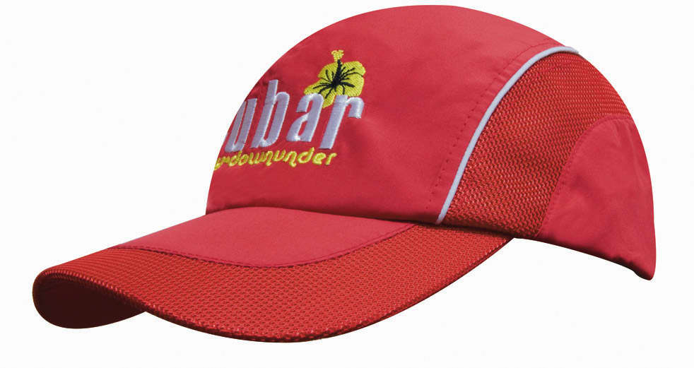 A red woven fabric cap with mesh side panels and peak, featuring a logo on the front.