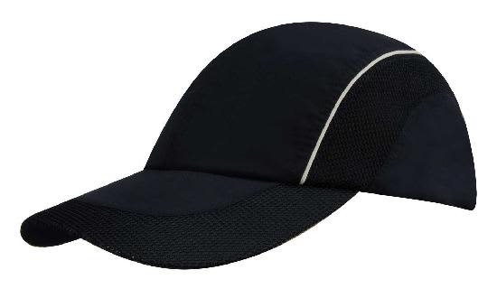 A black woven fabric cap featuring mesh side panels and a peak, with a logo on the front.