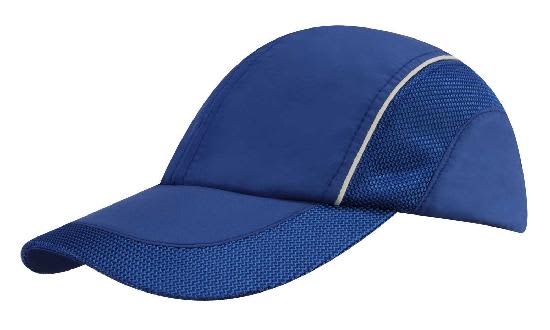 A blue woven fabric cap featuring mesh side panels and a peak, with a logo present on the design.