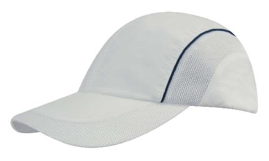 A white cap with a mesh design on the side panels and peak, featuring a logo.