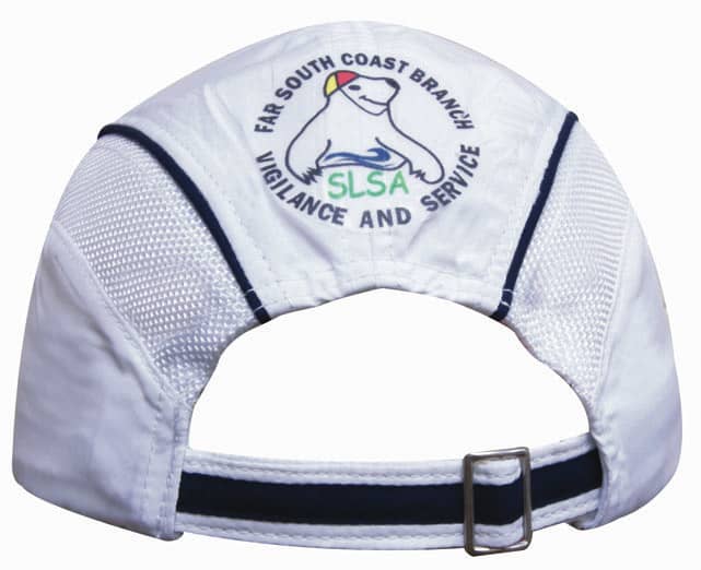 A white cap featuring mesh side panels and a peak, with a logo on the back.