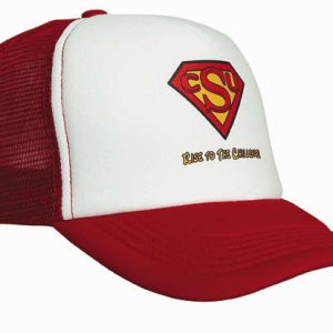 A red and white trucker mesh cap featuring a logo on the front and a curved brim.