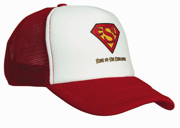 A red and white trucker mesh cap featuring a logo on the front and a curved brim.