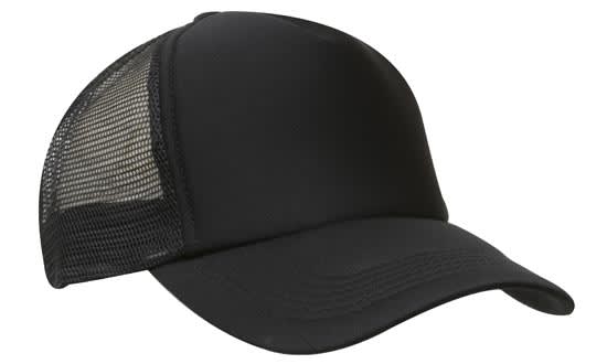 A black truckers mesh cap featuring a solid front and mesh panel at the back. It has a logo on the front.