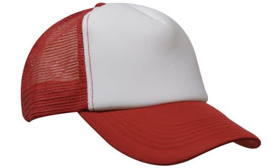 A red and white truckers mesh cap with a solid front panel and a ventilated mesh back.