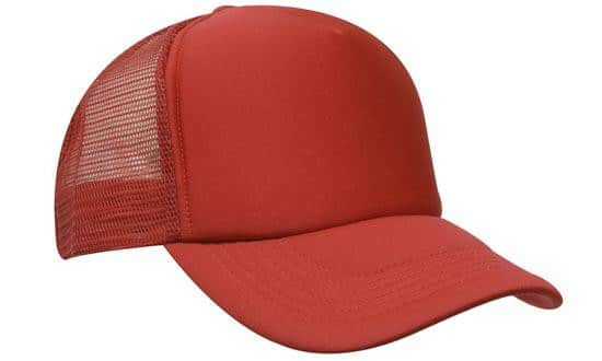 Red trucker cap with structured foam front panel, curved peak and breathable red mesh back, displayed in angled side view on a white background.