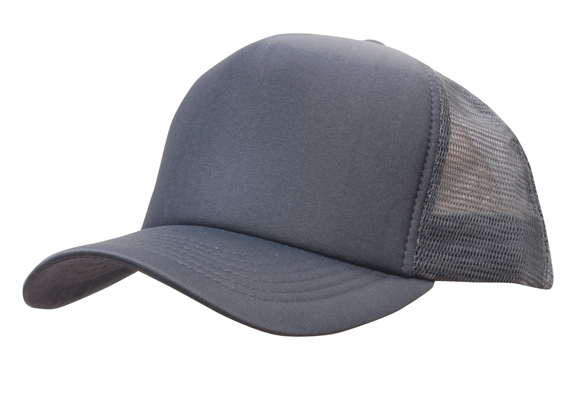 A truckers mesh cap featuring a white front, red mesh sides, and a blue brim. It includes branding details.