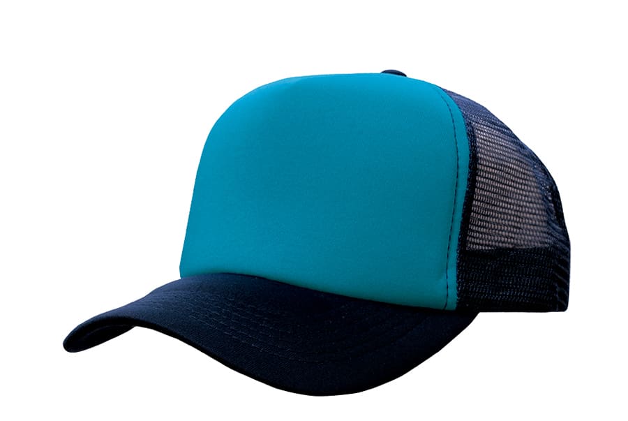 A truckers mesh cap featuring a teal front and black mesh sides, with a curved peak and an adjustable strap.