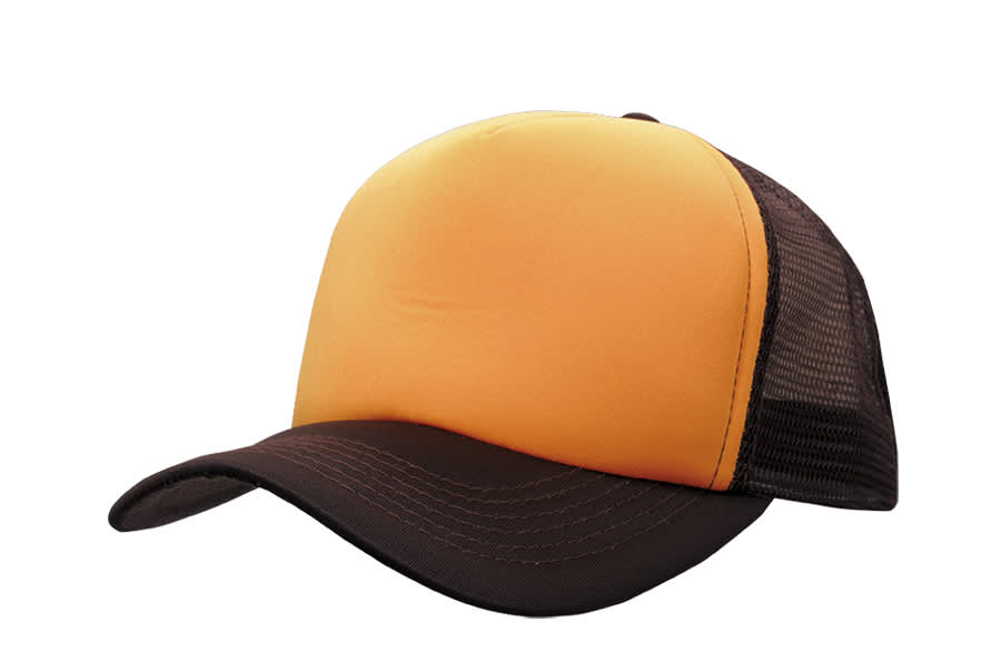 A yellow and black trucker mesh cap with a curved brim and a mesh back. Features a logo on the front.