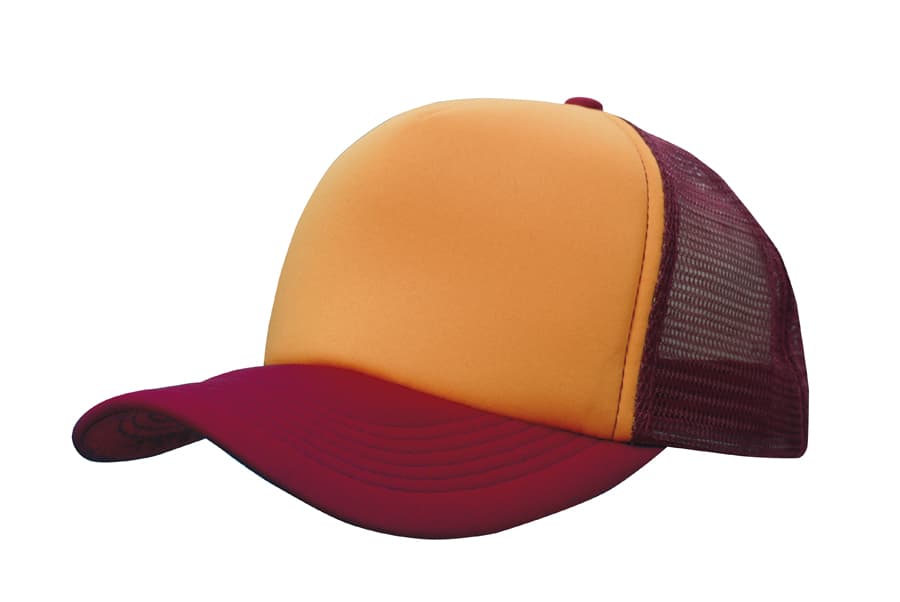 A truckers mesh cap featuring an orange front and a black mesh back. It has a curved brim and a logo.