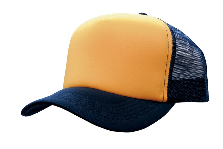 A truckers mesh cap in orange and maroon with a structured front and mesh back.