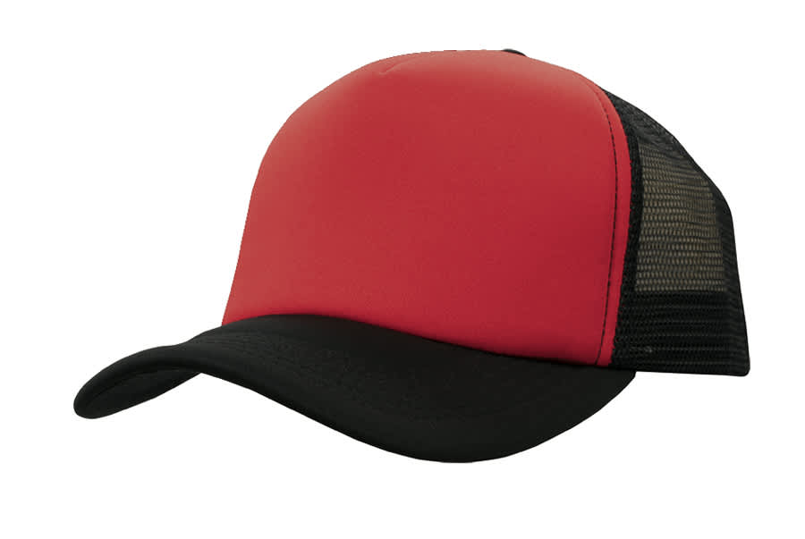 A yellow and navy trucker mesh cap featuring a solid front and mesh sides, with an adjustable back.