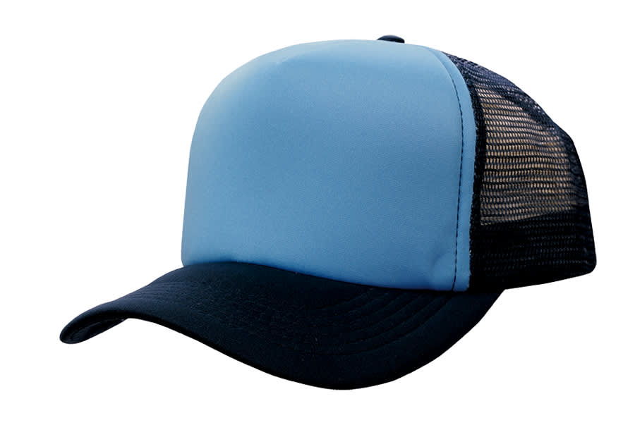 A red and green Truckers Mesh Cap featuring a solid front and mesh back, with a branded logo.
