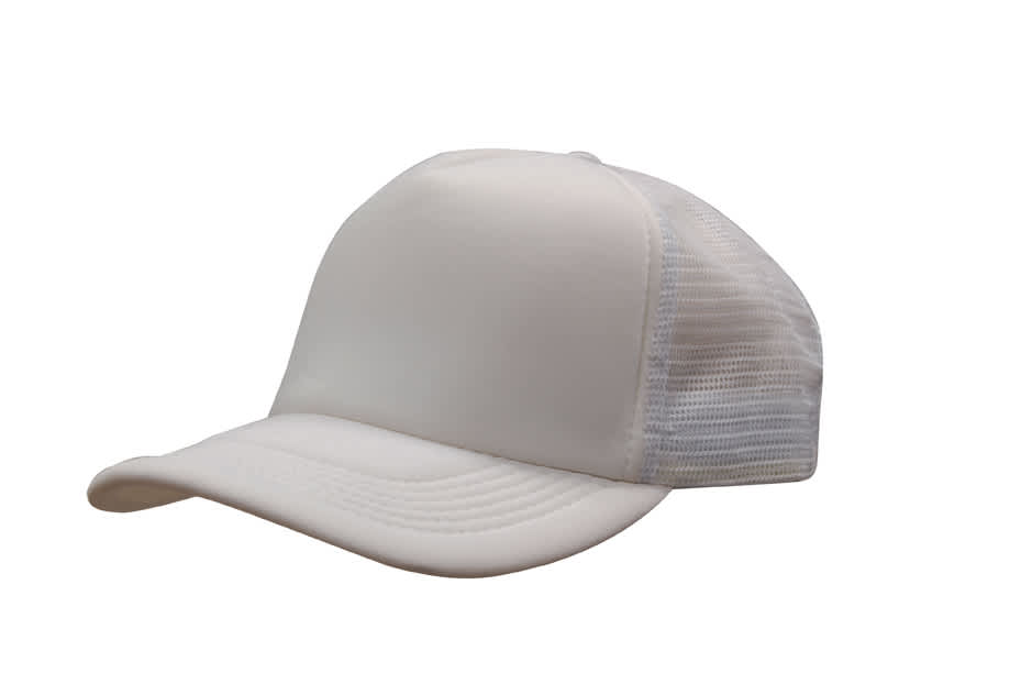A white truckers mesh cap featuring a solid front and breathable mesh panels at the back.