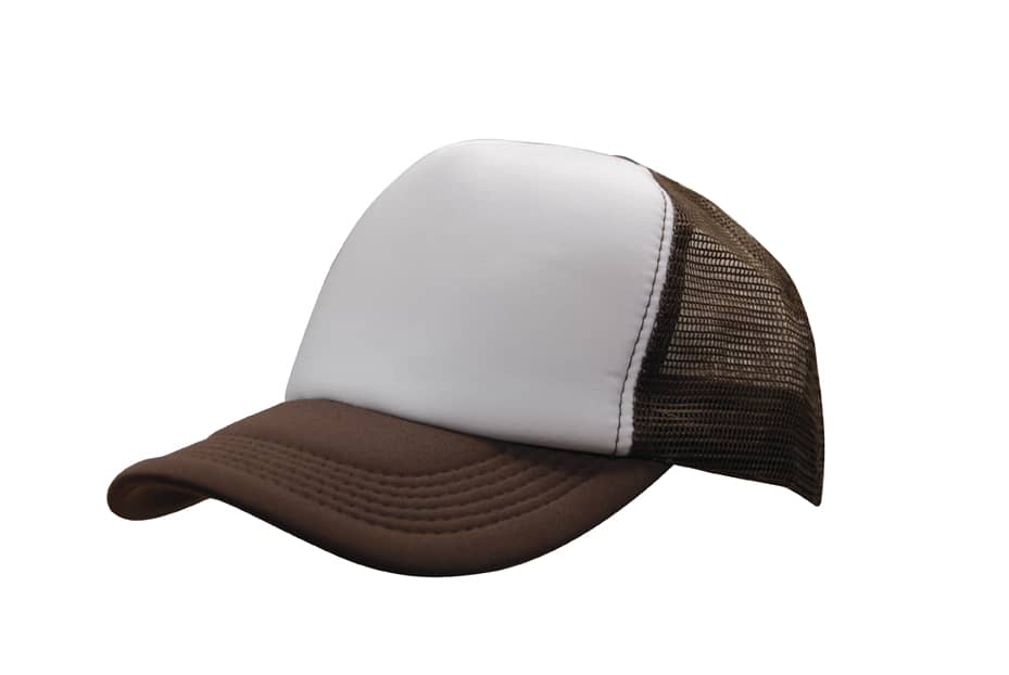 A brown and white trucker mesh cap with a solid front panel and mesh back. It features a curved brim.