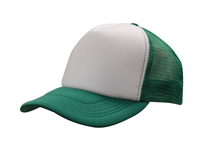 A green and white truckers mesh cap with a structured front and mesh back. It features a curved brim.