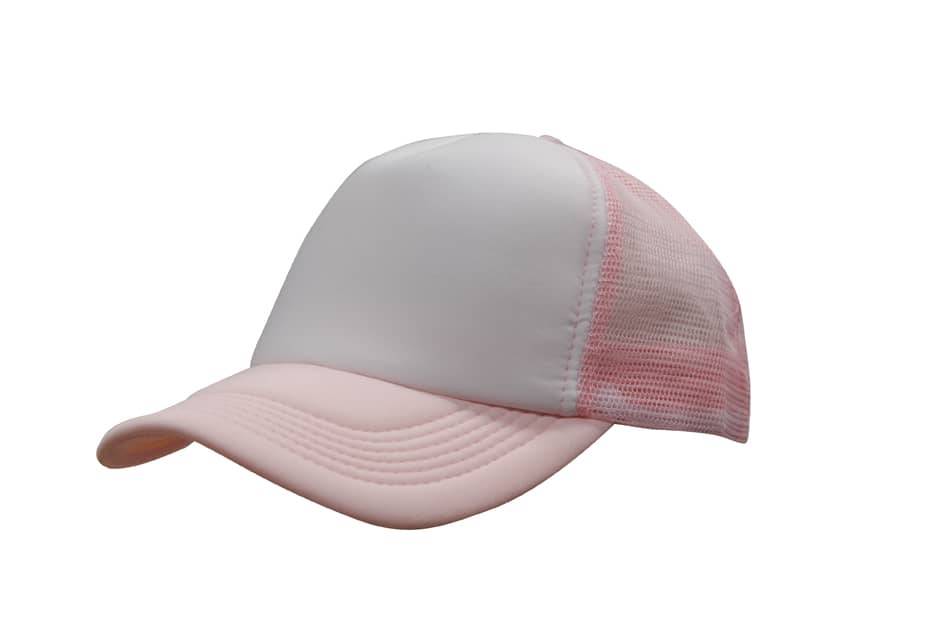 A pink and white truckers mesh cap featuring a logo on the front and a mesh back for ventilation.