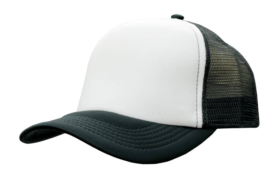 A truckers mesh cap in light blue with a black visor and mesh back, featuring a logo on the front.