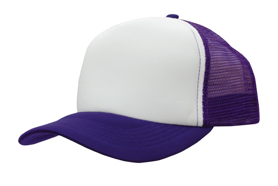 A red and white truckers mesh cap with a solid front panel and mesh back. It features a curved brim.