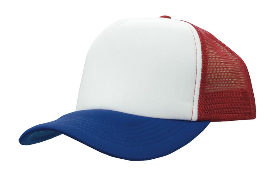 A purple and white truckers mesh cap with a curved brim and a mesh back. It features a logo on the front.