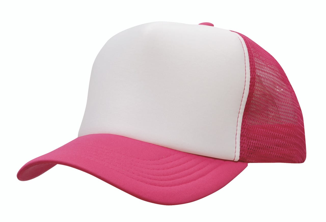 White and hot pink trucker cap with foam front panel, curved pink peak and matching pink mesh back, shown in angled side view on a white background.
