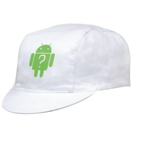 A white cycling cap featuring a green logo on the front. The cap has a classic cycling style.