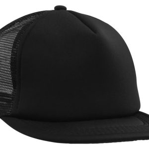 A black flat peak trucker mesh cap with a solid front and mesh back, featuring a logo.