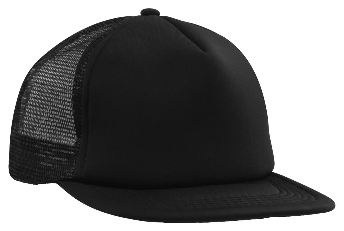 A black flat peak trucker mesh cap with a solid front and mesh back, featuring a logo.
