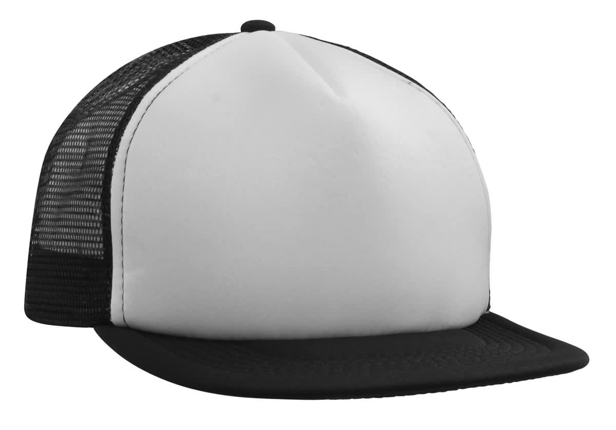 A flat peak trucker mesh cap in black and white, featuring a mesh back and a solid front panel.