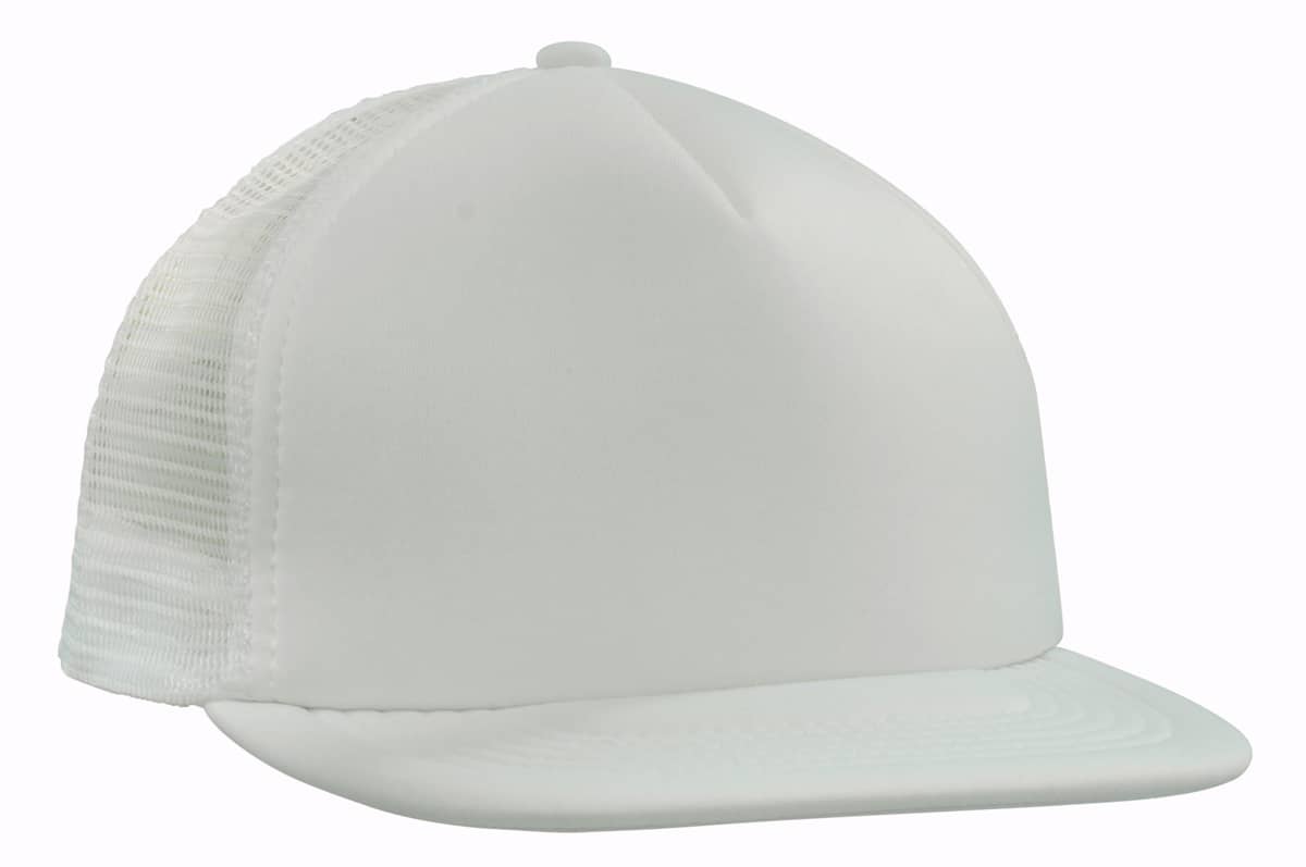 A flat peak trucker mesh cap in white, featuring a solid front panel and a mesh back. It has a branding logo.