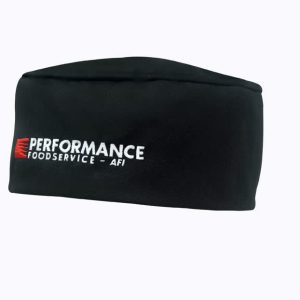 A black poly cotton chef's hat featuring a logo on the front. Ideal for culinary professionals.