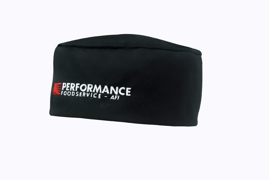 A black poly cotton chef's hat featuring a logo on the front. Ideal for culinary professionals.