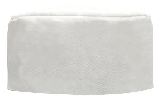A white poly cotton chef's hat featuring a smooth texture and a simple design. It includes a logo.