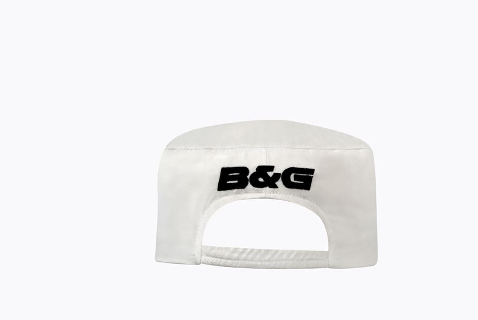 A white poly cotton chef's hat featuring a black embroidered logo.