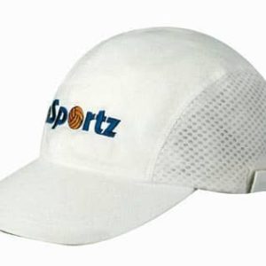 A white brushed cotton cap with a mesh design and a logo on the front.