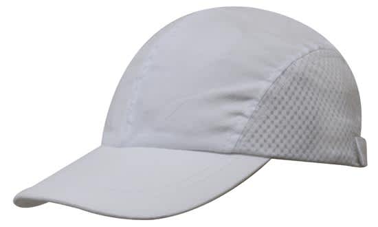A white brushed cotton cap with a textured side panel and a curved brim. It features a logo on the front.