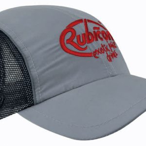 A grey sports cap made of microfibre and mesh, featuring reflective trim and a logo on the front.