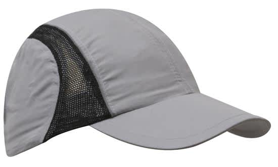 A grey sports cap featuring mesh panels and reflective trim, with a logo on the front.