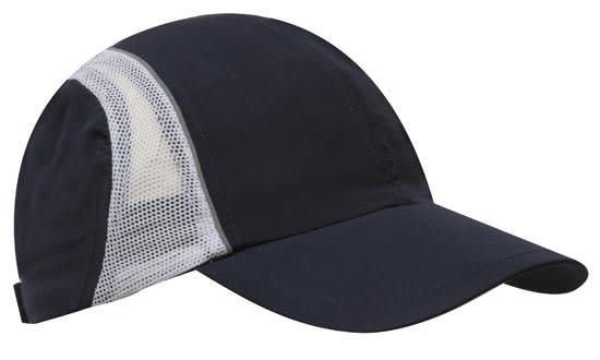 A black sports cap featuring a mesh panel and reflective trim, designed for headwear. Includes a logo.
