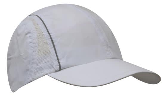 A white sports cap with mesh panels and reflective trim, featuring a curved brim and branding.