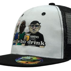 A premium twill cap featuring a white front, black mesh back, and a snapback closure, with an embroidered design.