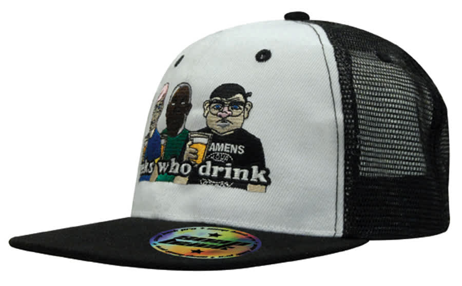 A premium twill cap featuring a white front, black mesh back, and a snapback closure, with an embroidered design.