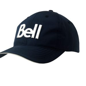 A navy cap with a white branded logo, featuring a wind strap and clip on the back.