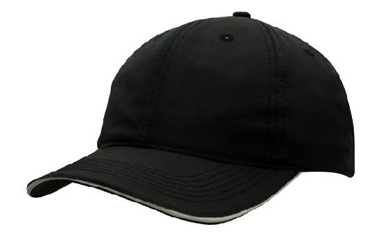 A black woven fabric cap with a wind strap and clip, featuring stitching details and a curved brim.