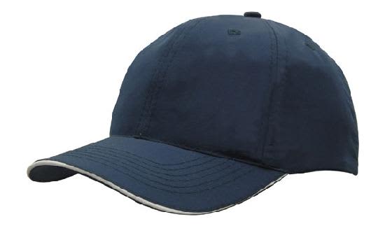 A navy blue woven fabric cap featuring a wind strap and clip, with a contrasting brim outline and a logo.